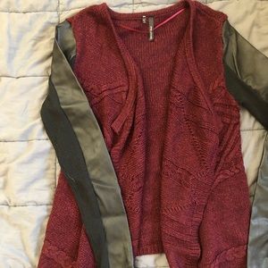 Sweater cardigan with leather sleeves
